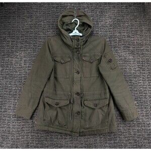 Levis Jacket Womens Large Green Full Zip Hooded Quilt Lined Army Field Utility